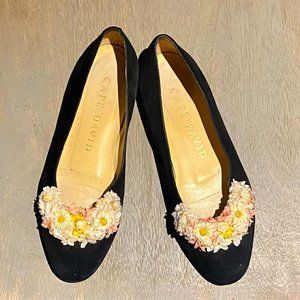 Vintage Cape David black suede ballet flats with floral detail - Size 5.5-6
